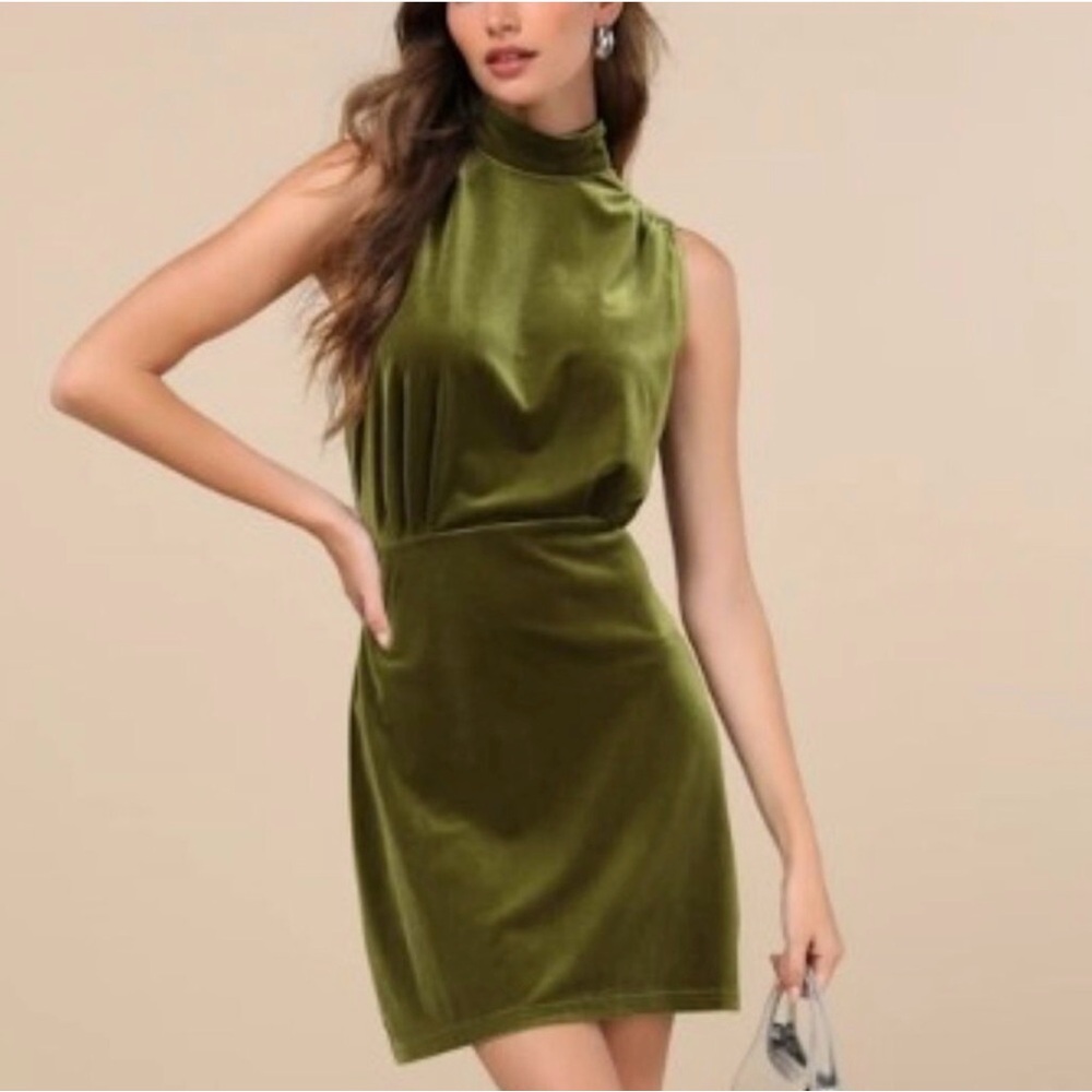 Lulus Gorgeous Darling NWT sz Large Olive Velvet Sleeveless Mock Neck Mini Dress